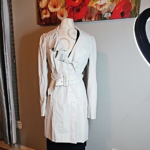 New York & Company Light Gray Trench Coat with Ruffle